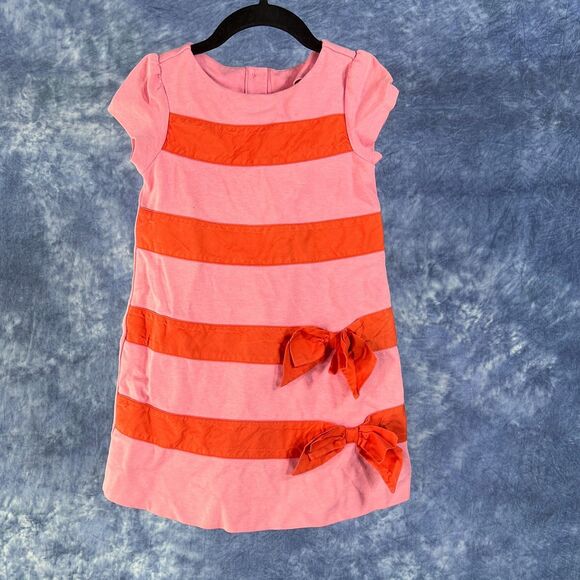 Janie and Jack Knit Dress Girl sz 6 Pink & Red-Orange Stipes & Bows - Picture 1 of 4